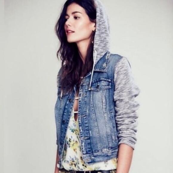 Free People Indie Wash Knit Hood & Sleeve Sweater Pure Cotton Jean Jacket - Picture 1 of 13